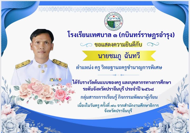 ขอเเสดงความยินดีเนื่องในโอกาส ได้รับรางวัลครูต้นเเบบ